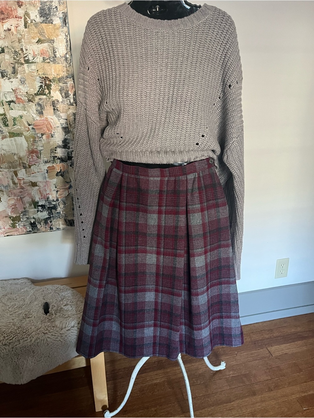 Vintage Pendleton Wool Pleated Midi Skirt in Burgundy and Gray Plaid